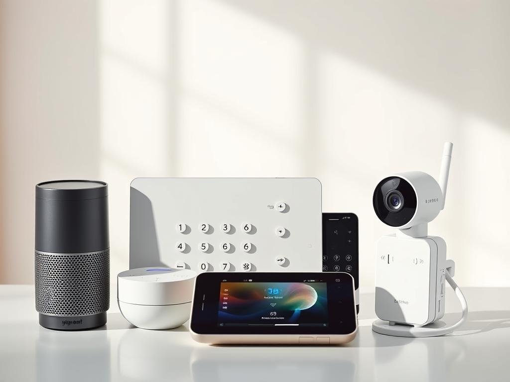 A neatly arranged assortment of smart home control devices, including a voice-activated assistant, a touch-screen control panel, a wireless smart plug, and a security camera, all against a minimalist, light-filled interior with clean lines and neutral tones. The devices are positioned to convey a sense of seamless, intuitive control over the connected home environment. Subtle shadows and soft, diffused lighting create a sleek, high-tech aesthetic, reflecting the advanced, user-friendly nature of the smart home setup.