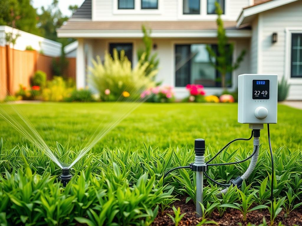 a neatly arranged smart irrigation system takes center stage, its sleek control panel and connected sensors blending seamlessly into a lush, verdant landscape. in the foreground, a series of precisely positioned sprinklers and drip emitters water the vibrant foliage, their efficient water delivery minimizing waste. the middle ground features a well-manicured lawn, complemented by strategically placed shrubs and flowers that thrive under the system's intelligent monitoring. in the background, a modern, energy-efficient home serves as the backdrop, its clean lines and sustainable design elements contributing to the overall aesthetic of a harmonious, eco-conscious living space.