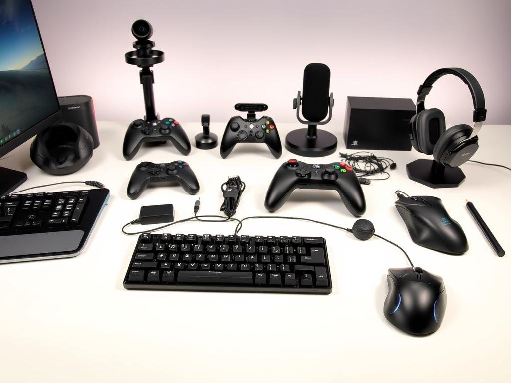 A neatly organized display of various gaming peripherals and accessories arranged on a clean, well-lit tabletop. In the foreground, a gaming mouse, keyboard, and headset are positioned prominently, showcasing their sleek designs and intricate details. In the middle ground, a gaming controller, webcam, and microphone stand out, hinting at the versatility of the setup. The background features a subtle gradient or minimalist backdrop, allowing the equipment to take center stage. The overall composition conveys a sense of professionalism and thorough evaluation, perfectly suited for the "Overview of Tested Gaming Accessories" section.