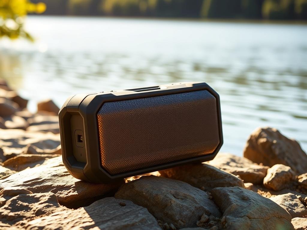a pair of durable, waterproof bluetooth speakers resting on a rocky, sun-dappled shore. the speakers are sleek, with a brushed aluminum casing and rubberized accents, designed to withstand splashes and light rain. the warm, diffused lighting casts a golden glow, creating a serene, outdoor ambiance. in the background, a tranquil lake reflects the surrounding lush, verdant foliage, suggesting a peaceful, natural setting ideal for outdoor music enjoyment.