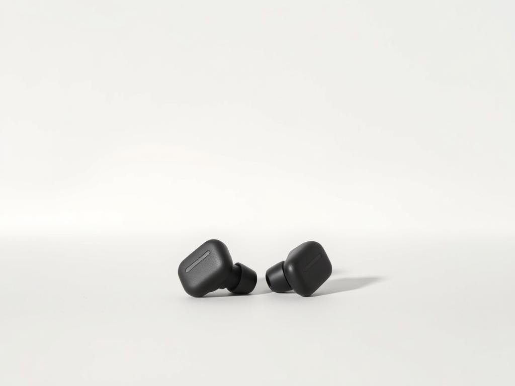 a pair of sleek, wireless earbuds against a plain, minimalist background. the earbuds have a modern, low-profile design with a matte finish in a neutral color like black or white. they are positioned at a slight angle, casting subtle shadows that suggest depth and three-dimensionality. the lighting is soft and diffused, creating a clean, high-quality look. the focus is sharp, highlighting the textural details of the earbuds. the overall tone is simple, elegant, and showcases the budget-friendly nature of the product. a pair of sleek, wireless earbuds against a plain, minimalist background. the earbuds have a modern, low-profile design with a matte finish in a neutral color like black or white. they are positioned at a slight angle, casting subtle shadows that suggest depth and three-dimensionality. the lighting is soft and diffused, creating a clean, high-quality look. the focus is sharp, highlighting the textural details of the earbuds. the overall tone is simple, elegant, and showcases the budget-friendly nature of the product.