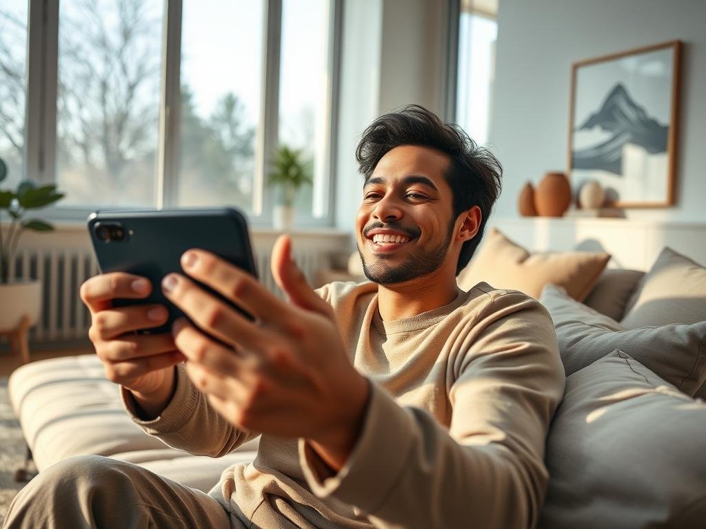 a person in a modern, minimalist living room enthusiastically using a sleek, 5g-enabled smartphone. the scene is captured with a wide-angle lens, showcasing the user's immersive and seamless interaction with the device. soft, diffused lighting from large windows creates a warm, inviting atmosphere. the user's expression conveys a sense of satisfaction and engagement, highlighting the speed, responsiveness, and overall positive user experience of the 5g technology. the background features subtle, elegant decor elements that complement the clean, contemporary aesthetic. a person in a modern, minimalist living room enthusiastically using a sleek, 5g-enabled smartphone. the scene is captured with a wide-angle lens, showcasing the user's immersive and seamless interaction with the device. soft, diffused lighting from large windows creates a warm, inviting atmosphere. the user's expression conveys a sense of satisfaction and engagement, highlighting the speed, responsiveness, and overall positive user experience of the 5g technology. the background features subtle, elegant decor elements that complement the clean, contemporary aesthetic.