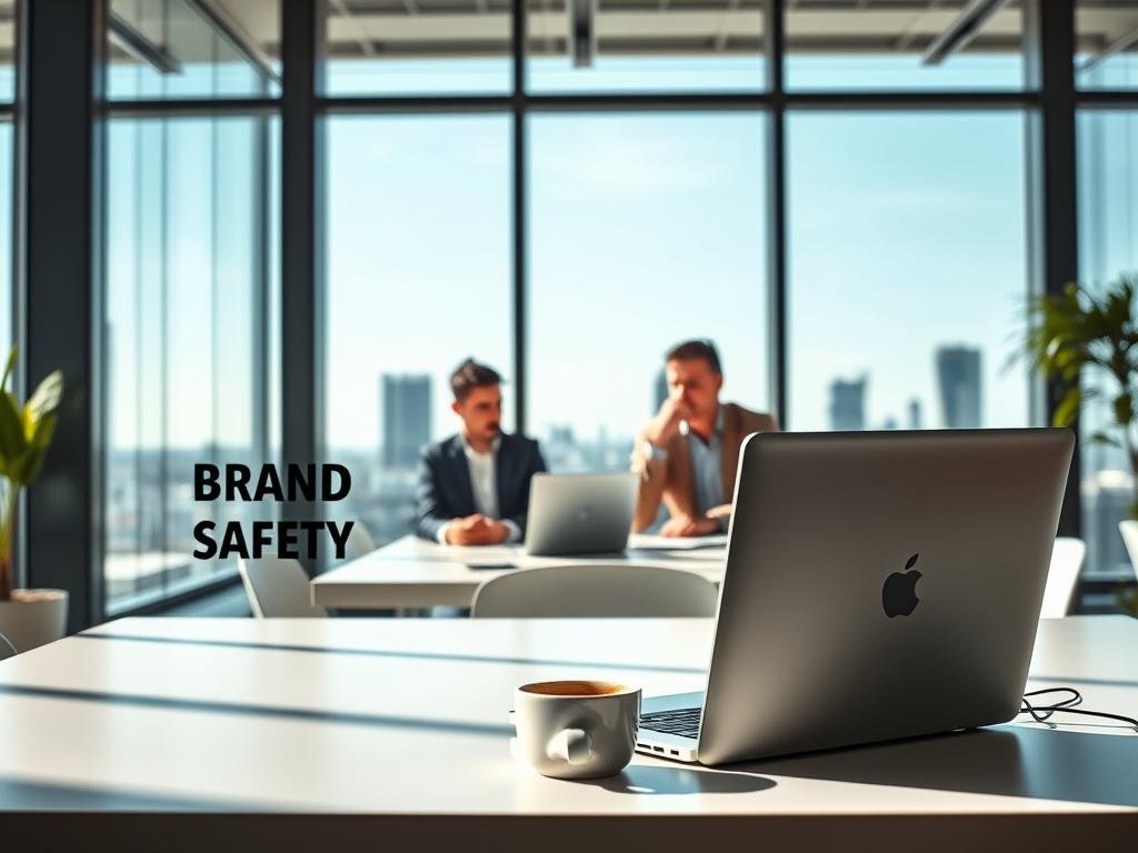 A serene corporate office setting, with large windows allowing natural light to pour in. In the foreground, a desk with a sleek laptop, a cup of coffee, and a stylized "Brand Safety" icon, conveying the notion of secure and responsible digital advertising practices. The middle ground features a few employees engaged in thoughtful discussions, their expressions reflecting a sense of professionalism and attention to detail. The background showcases a cityscape, hinting at the broader context of the digital marketing industry. The overall mood is one of order, control, and a commitment to ethical, data-driven decision-making.