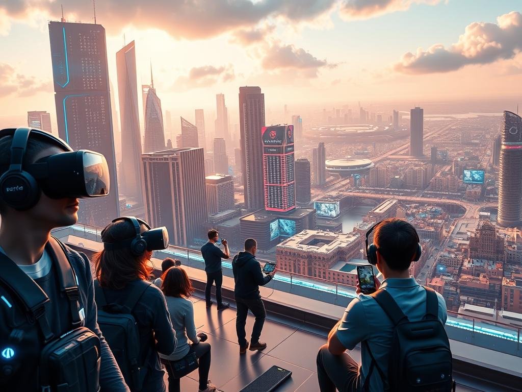 A serene futuristic cityscape, with gleaming skyscrapers and holograms casting a warm glow. In the foreground, a group of gamers engrossed in a virtual reality simulation, their movements mirrored by lifelike AI-controlled avatars. The middle ground features a panel discussion, where experts in gaming AI debate the ethical implications of increasingly advanced game AI, exploring themes of bias, autonomy, and the blurring of reality. In the background, a sprawling technology hub bustles with activity, hinting at the rapid advancements shaping the future of gaming and AI.
