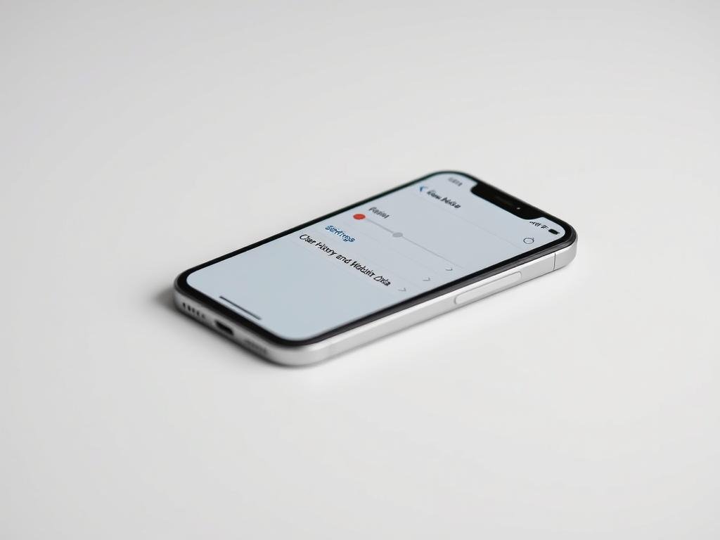 a serene iphone screen, its safari browser open, showcasing the settings menu with the "clear history and website data" option prominently displayed. the interface is crisp, with clean lines and a minimalist aesthetic. the background is a soft, muted tone, gently blurring into the edges, creating a sense of focus on the device. soft, directional lighting illuminates the screen, casting subtle shadows and highlights to accentuate the touchscreen interface. the composition is balanced, with the iphone occupying the central focus, surrounded by ample negative space to convey a sense of simplicity and clarity.