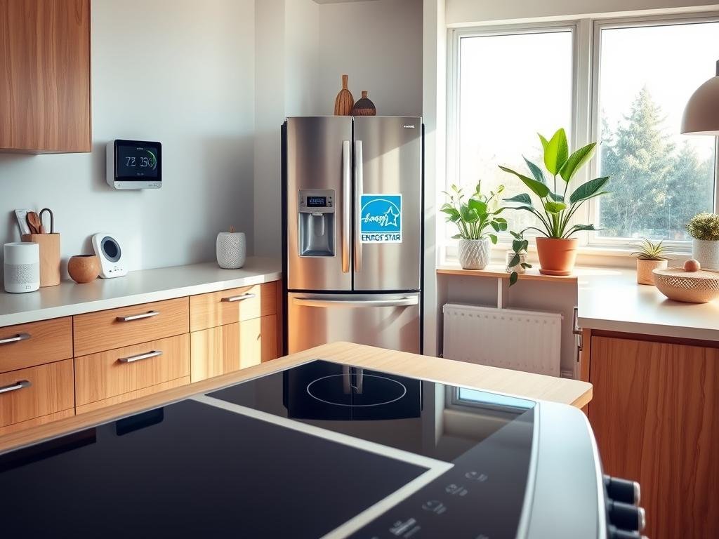 a serene, well-lit kitchen showcasing a range of energy-efficient appliances. in the foreground, a sleek induction cooktop and a modern convection oven, their streamlined designs complementing the natural wood and minimalist cabinetry. in the middle ground, a stainless steel refrigerator with a prominent energy star certification label, surrounded by smart home devices like a digital thermostat and a voice-controlled assistant. the background features large windows allowing ample natural light to flood the space, with potted plants and eco-friendly decor elements adding a touch of greenery. the overall atmosphere radiates a sense of sustainability, functionality, and contemporary style.