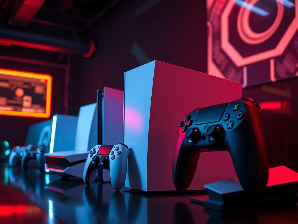 a sleek and futuristic line-up of cutting-edge game consoles, meticulously crafted with angular designs and advanced technological features. the consoles are displayed against a backdrop of a dimly lit, high-tech environment, casting dramatic shadows and emanating a sense of power and innovation. vibrant, neon-like lighting accentuates the consoles' curves and surfaces, creating an immersive, almost ethereal atmosphere. the scene is captured from a slightly elevated perspective, showcasing the consoles in all their next-gen glory, ready to deliver an unparalleled gaming experience.