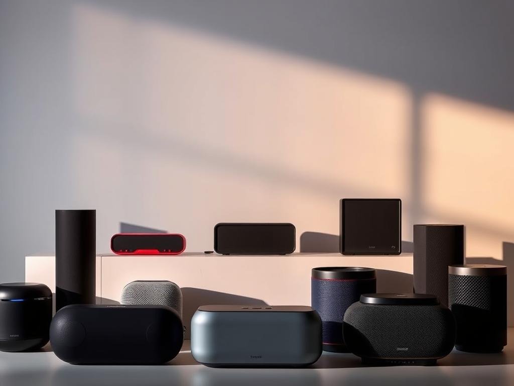 a sleek and modern arrangement of the top bluetooth speakers for 2023. in the foreground, a group of high-end wireless speakers in various shapes and colors, showcasing the latest design trends and premium audio technologies. in the middle ground, a soft, minimalist background with a subtle grid pattern, creating a clean and sophisticated ambiance. dramatic side lighting casts long shadows, adding depth and dimension to the scene. the overall mood is one of refined elegance and cutting-edge audio performance, reflecting the latest advancements in the bluetooth speaker market.