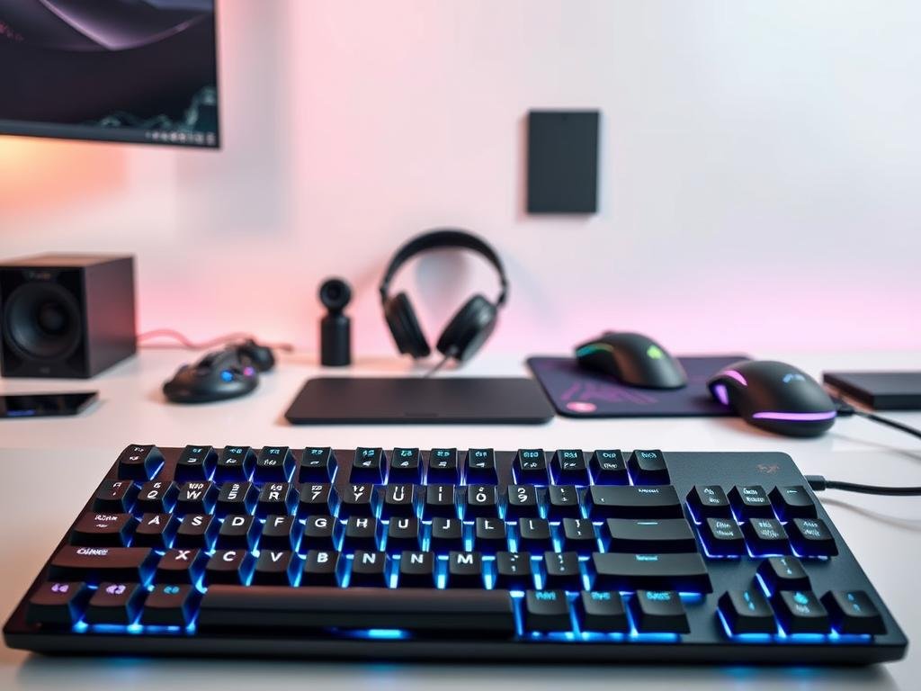A sleek and modern gaming keyboard sits in the foreground, its keys illuminated by a soft, ambient glow. In the middle ground, a collection of complementary gaming accessories, such as a mouse, headphones, and a mousepad, are neatly arranged, creating a cohesive setup. The background features a minimalist, clean-lined workspace, with subtle hints of technology and automation, conveying a sense of efficiency and focus. The overall scene exudes a sophisticated, high-end aesthetic, perfectly capturing the essence of a premium gaming setup for the discerning user.