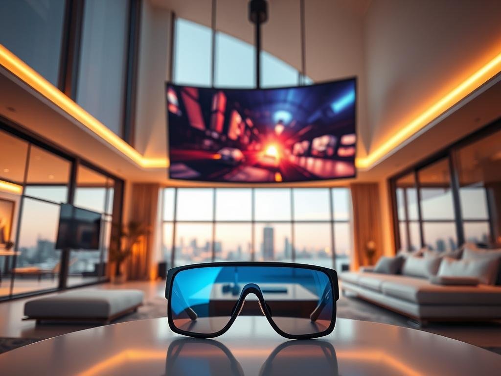 a sleek and modern home interior, bathed in warm, ambient lighting. in the foreground, a pair of ar glasses rests on a minimalist coffee table, their lenses reflecting the vibrant digital interface of a mixed reality display. the middle ground showcases a large, curved screen suspended from the ceiling, seamlessly blending virtual and physical elements. in the background, a panoramic window offers a serene view of a cityscape, hinting at the integration of xr technology into the everyday lives of its inhabitants. a sleek and modern home interior, bathed in warm, ambient lighting. in the foreground, a pair of ar glasses rests on a minimalist coffee table, their lenses reflecting the vibrant digital interface of a mixed reality display. the middle ground showcases a large, curved screen suspended from the ceiling, seamlessly blending virtual and physical elements. in the background, a panoramic window offers a serene view of a cityscape, hinting at the integration of xr technology into the everyday lives of its inhabitants.