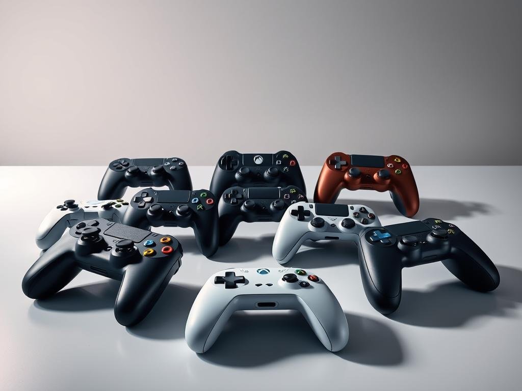 A sleek arrangement of modern gaming controllers, meticulously crafted with precision and attention to detail. In the foreground, a diverse collection of controllers - gamepad, joystick, and retro-inspired designs - rest on a smooth, reflective surface, casting subtle shadows that add depth and dimension. The middle ground features a soft, ambient lighting setup, gently illuminating the controllers and creating a warm, inviting atmosphere. In the background, a minimalist, monochromatic backdrop provides a clean and uncluttered canvas, allowing the controllers to take center stage and showcase their unique features and ergonomic designs. The overall composition conveys a sense of technological sophistication, perfect for showcasing the latest and greatest in gaming accessories.