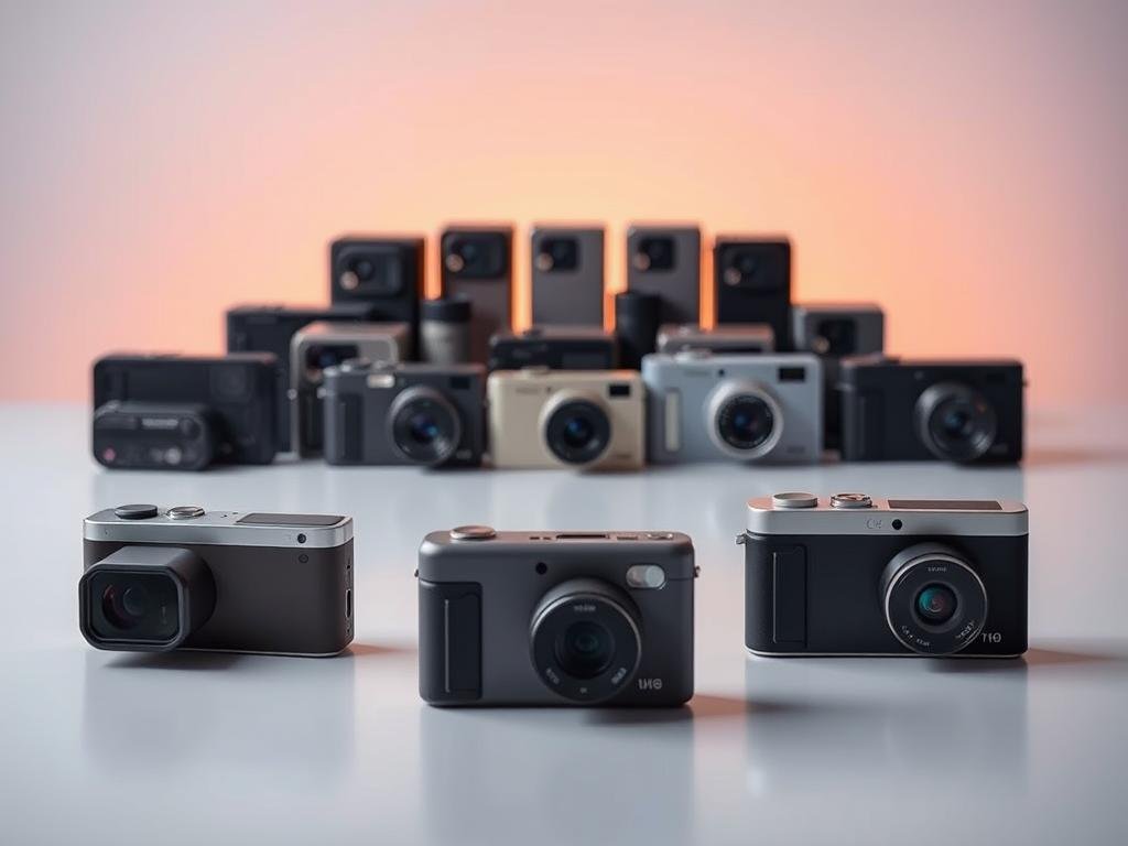 a sleek array of budget camera phones, showcased against a soft, minimalist backdrop. in the foreground, several compact devices in muted tones sit on a clean, reflective surface, their lenses and camera modules prominently displayed. the middle ground features a subtly lit arrangement of similar models, each with distinct design elements that hint at their varied capabilities. in the background, a gentle gradient of complementary colors creates a sense of depth and ambience, allowing the phones to take center stage. the overall composition exudes a refined, yet accessible aesthetic, embodying the essence of capable yet affordable mobile photography.