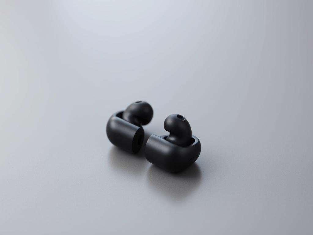 a sleek, black set of high-quality noise-cancelling earbuds rests on a minimalist, grey surface. the earbuds are positioned prominently in the center, showcasing their modern, ergonomic design with smooth, rounded edges. bright, directional lighting from the top left casts subtle shadows, highlighting the textural details and premium materials. the background is softly blurred, maintaining focus on the earbuds as the central subject. an aura of sophistication and clarity pervades the scene, suggesting the earbuds' ability to effectively block out ambient noise and enhance concentration.
