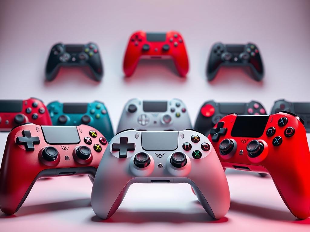 A sleek, futuristic arrangement of the best game controllers for modern gaming. In the foreground, a selection of precision-crafted controllers in various bold colors and ergonomic designs, their buttons and joysticks gleaming under a soft, directional lighting. In the middle ground, the controllers are arranged in a dynamic, asymmetrical composition, hinting at the diverse gaming experiences they enable. The background features a clean, minimalist backdrop, perhaps a simple gradient or a subtly textured surface, allowing the controllers to take center stage. The overall mood is one of technological sophistication and the promise of immersive, high-performance gaming.