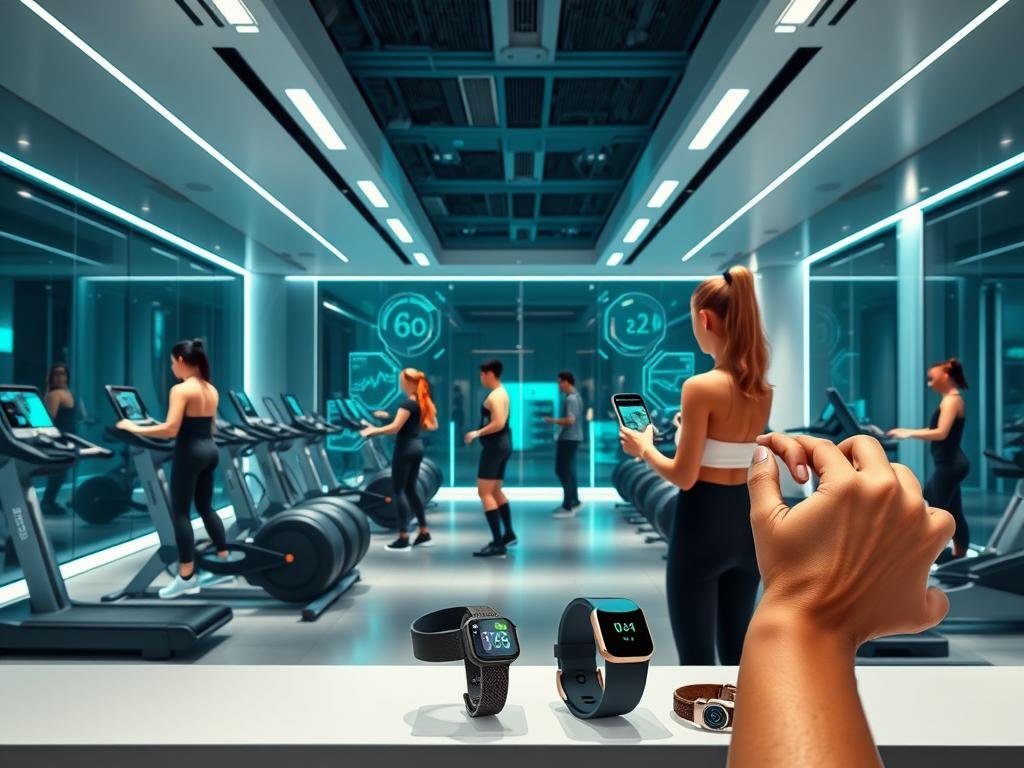 a sleek, futuristic fitness studio with state-of-the-art smart gadgets and wearable tech. in the foreground, a group of people using interactive exercise machines, biometric sensors, and holographic displays to track their progress. the middle ground features a range of innovative fitness accessories like smart watches, smart bands, and ar-powered glasses. the background showcases a minimalist, high-tech environment with clean lines, bright lighting, and a sense of seamless integration between technology and wellness. the overall mood is one of excitement, innovation, and the promise of a next-generation fitness experience.