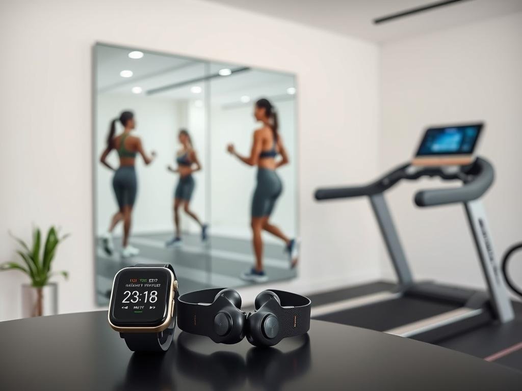 A sleek, futuristic fitness tech integration. In the foreground, a smartwatch seamlessly tracks heart rate, steps, and calories. Beside it, a lightweight, wireless earphone set provides immersive audio for a personalized workout playlist. The middle ground features a state-of-the-art smart fitness mirror, reflecting the user's movements as they follow an interactive training session. In the background, a high-tech treadmill with a large, responsive display blends seamlessly into a minimalist, well-lit home gym. The overall scene conveys a sense of effortless, streamlined fitness technology, empowering the user to optimize their modern exercise routine.