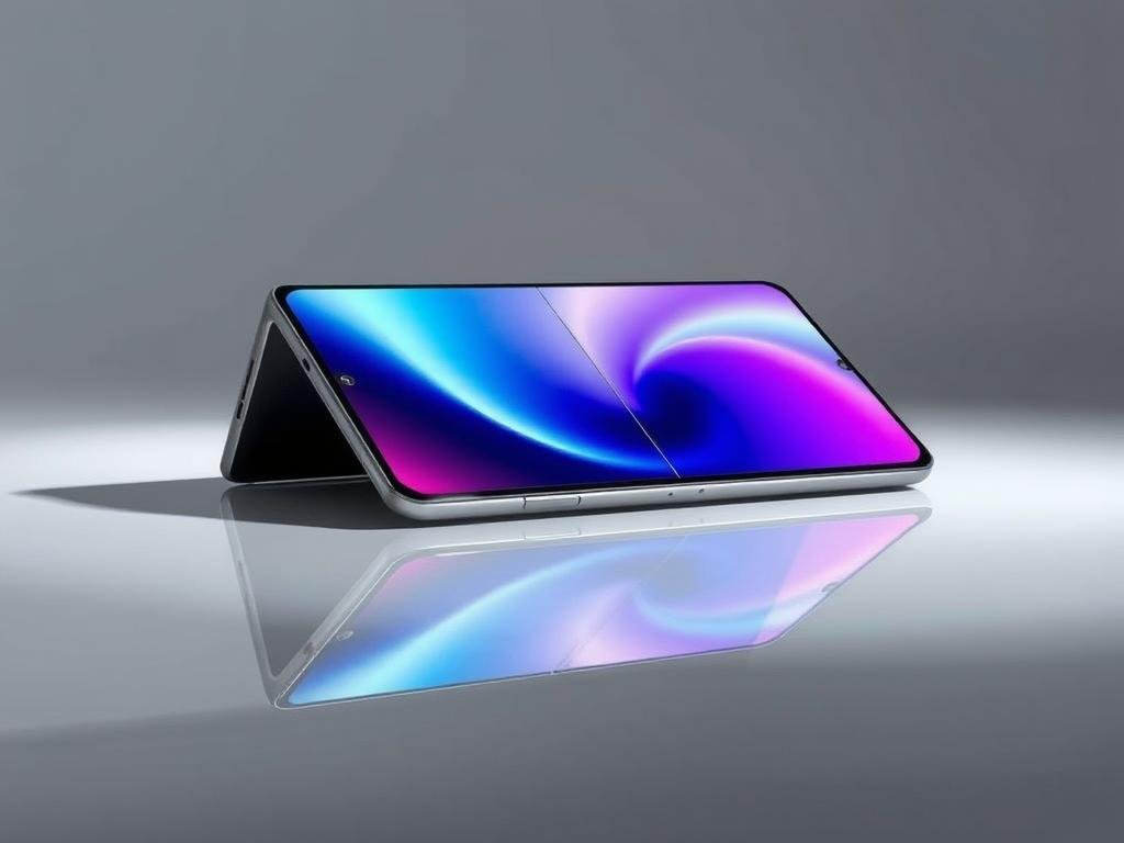 a sleek, futuristic foldable smartphone rests on a glossy, reflective surface, its elegant design seamlessly transitioning from a compact folded state to an expansive, vibrant display. crisp lighting illuminates the device, casting subtle shadows that accentuate its refined contours. the background is a minimalist, studio-style setting, allowing the smartphone to take center stage. the overall atmosphere conveys a sense of technological sophistication and the promise of a new era in mobile computing.