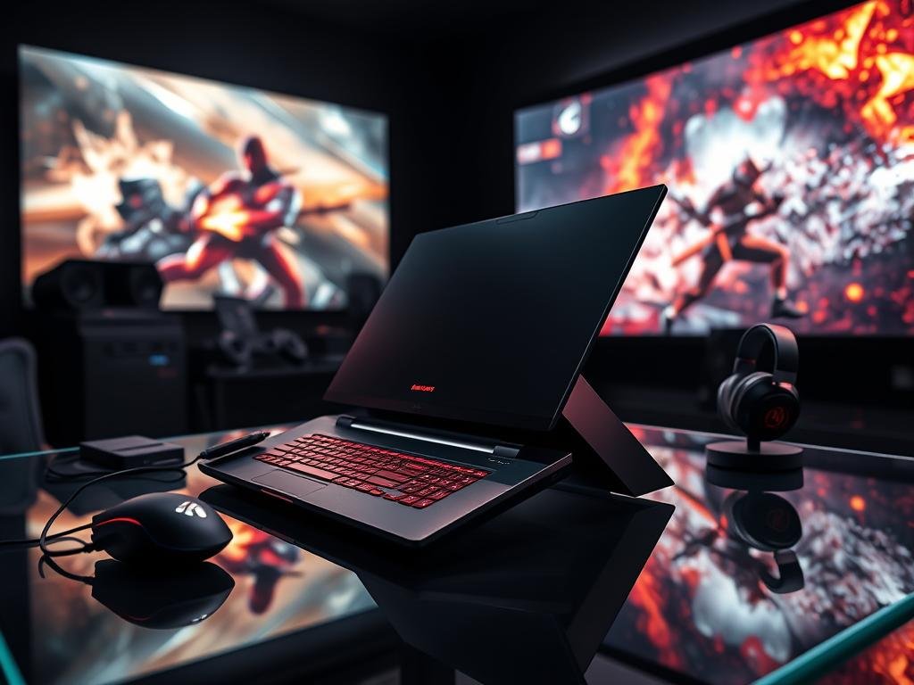 a sleek, futuristic gaming laptop setup, showcased in a dimly lit, high-tech environment. the laptop's metallic chassis gleams under focused, dramatic lighting, accentuating its sharp edges and angular design. surrounding the device are state-of-the-art gaming peripherals, including a precision mouse, mechanical keyboard, and a pair of cutting-edge gaming headphones. the setup is positioned on a minimalist, glass-topped desk, creating a sense of elegance and sophistication. in the background, a large, curved display showcases vibrant, high-resolution gaming visuals, immersing the viewer in the latest advancements of the gaming laptop experience.