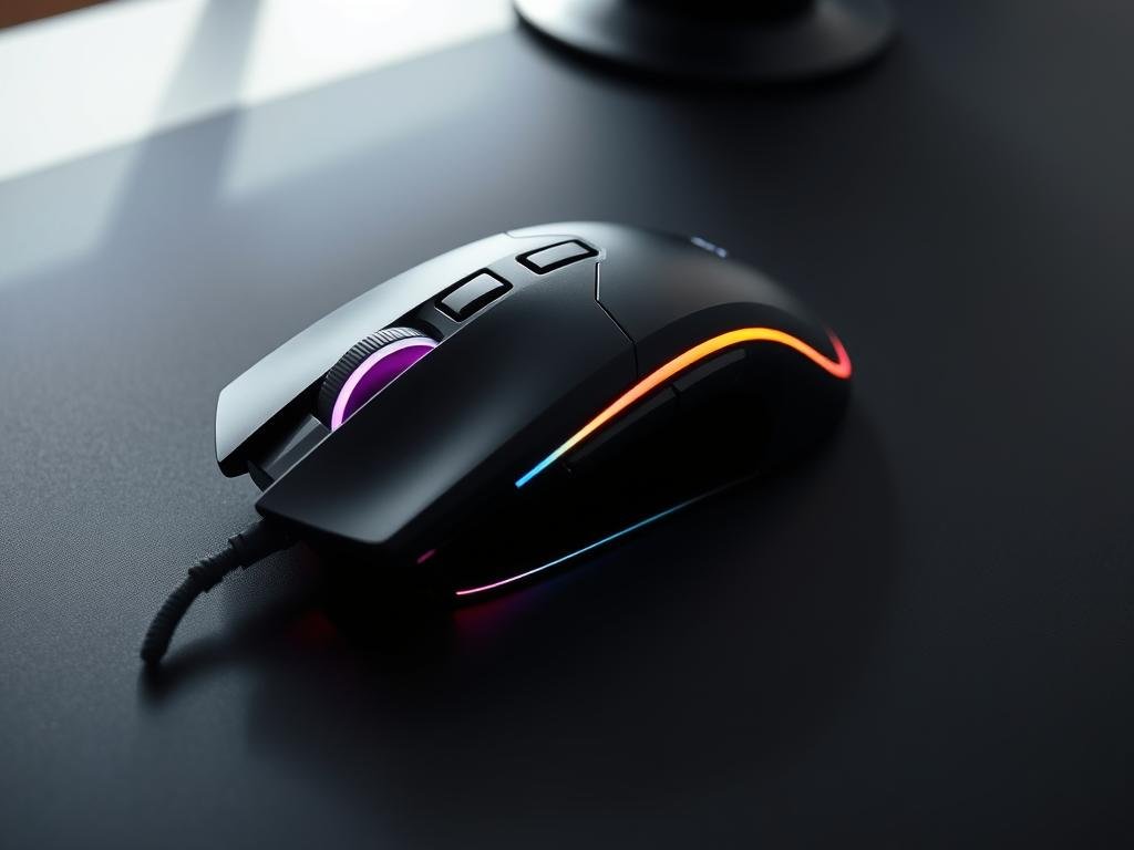 A sleek, futuristic gaming mouse rests on a minimalist, matte black desk. The mouse's sculpted shape and bold RGB lighting evoke a sense of power and precision. Crisp shadows cast by a soft, directional light create depth and texture, highlighting the mouse's intricate contours. The scene is photographed at a low, dynamic angle to emphasize the mouse's commanding presence. The background is subtly blurred, keeping the focus on the meticulously crafted peripheral. This affordable, high-performance gaming mouse embodies the perfect balance of form and function.