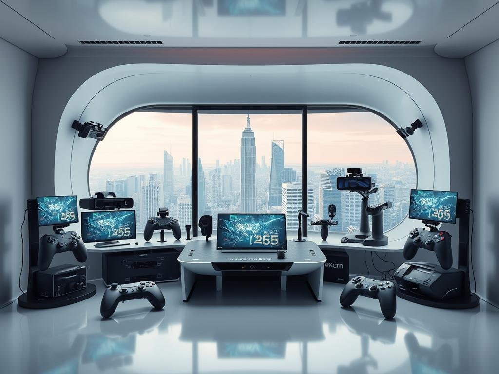 A sleek, futuristic gaming station situated in a minimalist, tech-forward environment. In the foreground, an advanced gaming console with holographic displays and tactile control interfaces. Surrounding it, a collection of innovative controllers, VR headsets, and motion-tracking devices, all showcasing the latest advancements in gaming technology. In the middle ground, a panoramic window offers a view of a gleaming, ultramodern cityscape, hinting at the seamless integration of gaming and urban life. Soft, diffused lighting illuminates the scene, creating an atmosphere of sophistication and anticipation. The overall impression is one of a thrilling, immersive gaming experience that blurs the line between reality and the virtual world.