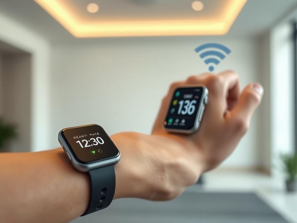 a sleek, high-tech heart rate monitor in the foreground, its digital display showcasing real-time heart rate data. the device is positioned on a wrist, seamlessly blending minimalist design and advanced functionality. in the middle ground, a futuristic fitness tracker syncs data wirelessly, providing a comprehensive overview of the user's workout metrics. the background features a clean, modern interior with muted colors, emphasizing the sophistication and integration of these smart fitness gadgets in the 2025 wearable tech landscape.