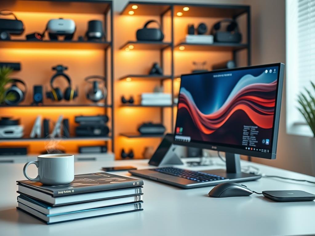 a sleek, minimalist desk setup with a cutting-edge gaming laptop, a high-resolution gaming monitor, and a precision gaming mouse and keyboard. in the foreground, a stack of textbooks and a mug of steaming coffee, suggesting a productive study session. the background features shelves lined with tech gadgets, from virtual reality headsets to wireless charging pads, all bathed in a warm, ambient lighting. the overall atmosphere conveys a sense of focused productivity and the latest in trendy, student-friendly technology. a sleek, minimalist desk setup with a cutting-edge gaming laptop, a high-resolution gaming monitor, and a precision gaming mouse and keyboard. in the foreground, a stack of textbooks and a mug of steaming coffee, suggesting a productive study session. the background features shelves lined with tech gadgets, from virtual reality headsets to wireless charging pads, all bathed in a warm, ambient lighting. the overall atmosphere conveys a sense of focused productivity and the latest in trendy, student-friendly technology.