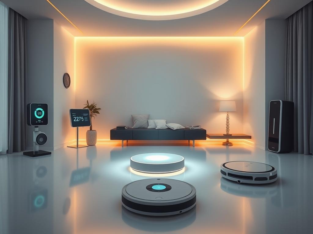 a sleek, minimalist living room with a central smart home hub glowing softly, flanked by an array of futuristic devices - a voice-controlled thermostat, a touch-sensitive lighting panel, and a self-cleaning robotic vacuum cleaner. the room is bathed in warm, indirect lighting that highlights the clean lines and polished surfaces of the gadgets. the overall atmosphere conveys a sense of effortless technological integration and the promise of a seamless, automated domestic experience.