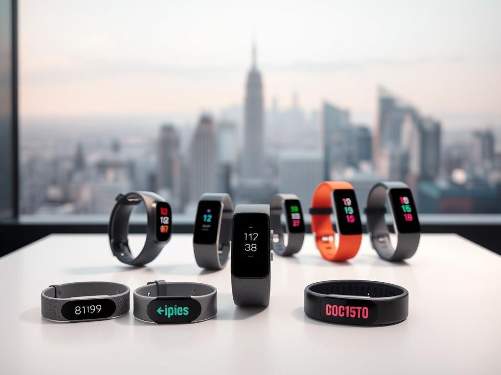 A sleek, minimalist product display showcasing the latest fitness tracker models from leading brands. In the foreground, the trackers are arranged neatly on a pristine white surface, their clean lines and vibrant colors accentuated by soft, directional lighting. The middle ground features a subtle gradient backdrop, adding depth and a sense of sophistication. In the background, a blurred cityscape hints at the urban, active lifestyle the trackers are designed for. The overall composition exudes a sense of modernity, technology, and the pursuit of personal wellness.