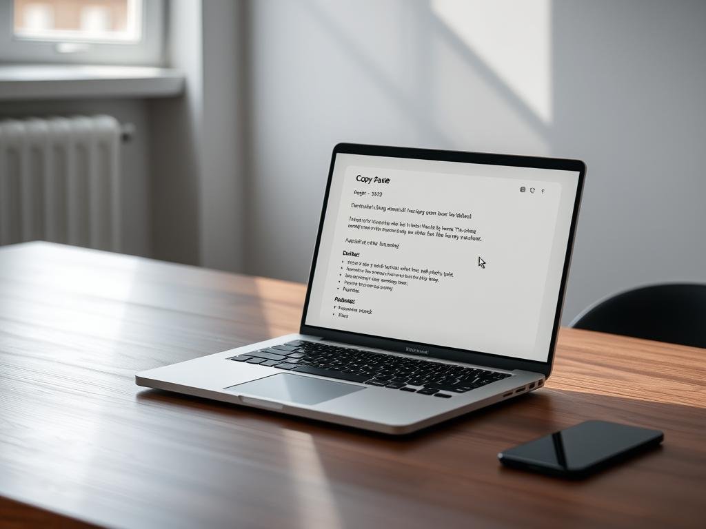 A sleek, minimalist workspace on a wooden table, with a MacBook Pro open, displaying the copy-paste function in action. The scene is illuminated by soft, diffused natural light streaming through a nearby window, casting subtle shadows and highlights. The cursor hovers over selected text, ready to be duplicated with a simple keyboard shortcut. The overall mood is focused, productive, and effortless, capturing the seamless integration of technology and workflow on a modern Mac desktop.