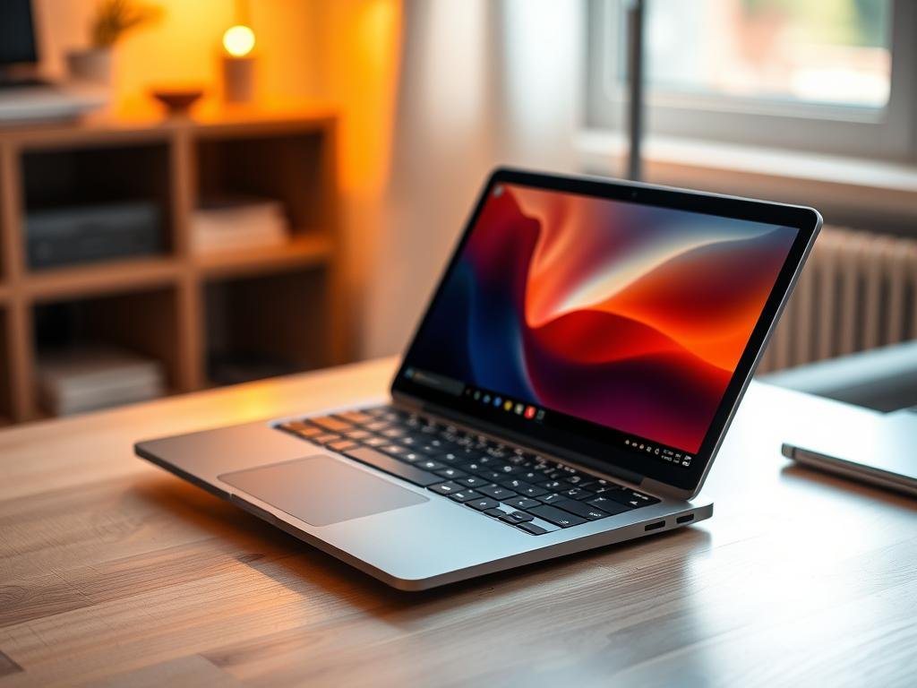 a sleek, modern 2-in-1 laptop, its screen elegantly swiveling to transform into a tablet. precision-engineered from premium materials, the device exudes sophistication. backlit keys illuminate the workspace, while the high-resolution display presents vibrant, true-to-life visuals. ambient lighting casts a warm, inviting glow, perfectly accentuating the laptop's streamlined, ergonomic design. in the foreground, the device rests on a minimalist, wooden desk, showcasing its versatility. subtle shadows add depth, while a blurred background suggests a cozy, professional setting. the overall scene conveys the 2-in-1 laptop's seamless integration of power and portability, redefining the modern computing experience.
