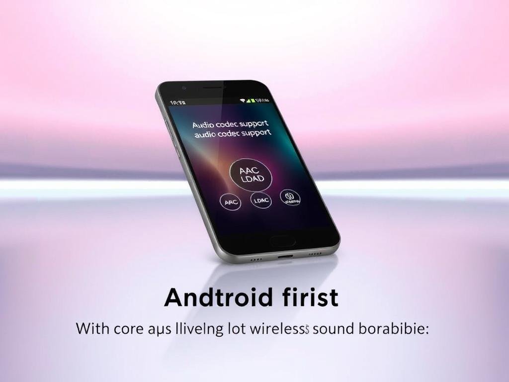 a sleek, modern android smartphone displaying a visually appealing interface showcasing various audio codec support icons, including aac, ldac, and aptx adaptive. the device is set against a minimalist, futuristic backdrop with subtle gradient lighting, creating a polished and tech-savvy atmosphere. the composition emphasizes the importance of audio codec compatibility for a seamless wireless listening experience, highlighting the android-first capabilities that provide users with high-quality sound options. a sleek, modern android smartphone displaying a visually appealing interface showcasing various audio codec support icons, including aac, ldac, and aptx adaptive. the device is set against a minimalist, futuristic backdrop with subtle gradient lighting, creating a polished and tech-savvy atmosphere. the composition emphasizes the importance of audio codec compatibility for a seamless wireless listening experience, highlighting the android-first capabilities that provide users with high-quality sound options.