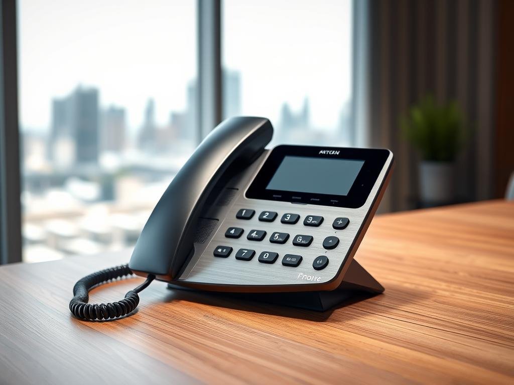 a sleek, modern voip desk phone rests on a minimalist, wood-grained office desk, illuminated by soft, diffused lighting from above. the phone's angular, brushed metal body gleams subtly, its display screen showing a simple user interface. in the background, a blurred city skyline stretches out, hinting at the device's versatility for both home and professional use. the scene conveys a sense of efficiency, connectivity, and the seamless integration of technology into contemporary living and workspaces.