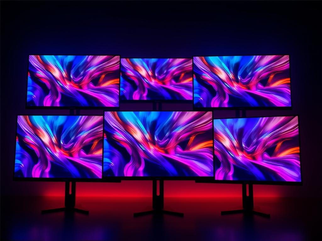 A sleek, modern arrangement of five high-end gaming monitors, their screens emitting a soft, ambient glow. The monitors are positioned at various angles, creating a dynamic and visually appealing display. The monitors showcase the latest display technologies, including ultra-high refresh rates, low input lag, and vibrant, color-accurate panels. The lighting is soft and diffused, creating a warm, inviting atmosphere, perfectly suited for an immersive gaming experience. The monitors are set against a minimalist, dark background, allowing the displays to take center stage and showcase their impressive specifications and performance capabilities.