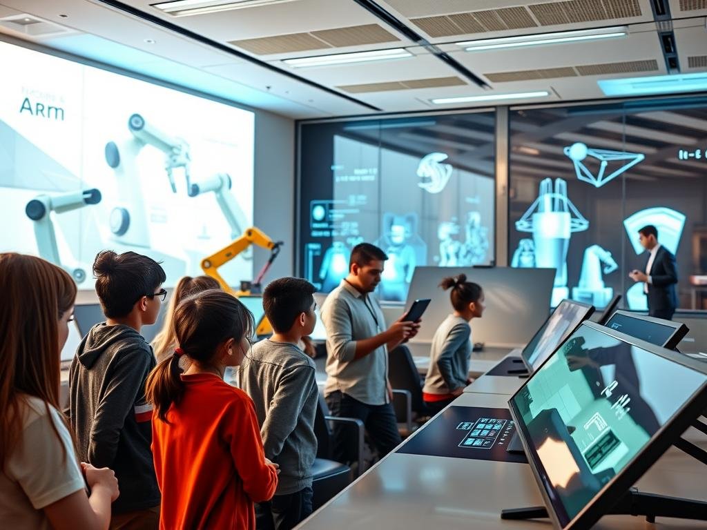 a sleek, modern classroom filled with a variety of cutting-edge educational technology. in the foreground, a group of students intently focused on interactive touchscreen displays, seamlessly blending digital and physical learning. the middle ground showcases a teacher guiding the class, tablet in hand, tapping into a wealth of online resources. in the background, robotic arms manipulate 3d-printed models, while holographic projections illuminate the walls, creating an immersive, tech-driven learning environment. warm, diffused lighting casts a sense of wonder and exploration, reflecting the boundless potential of smart technology in shaping the future of education.