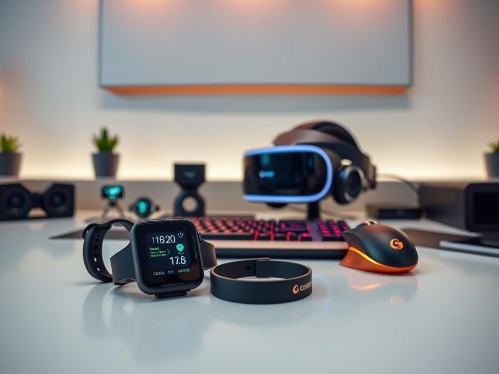 A sleek, modern desk showcasing an array of fitness trackers and gaming gear. In the foreground, a smartwatch, heart rate monitor, and activity band are neatly arranged, their screens glowing with data. In the middle ground, a high-end gaming mouse and keyboard sit alongside a VR headset, creating a striking contrast between fitness and gaming technology. The background features a minimalist wall display with soothing ambient lighting, casting a warm glow over the setup. The overall composition captures the intersection of health, wellness, and entertainment, inviting the viewer to explore the convergence of these two dynamic tech categories.