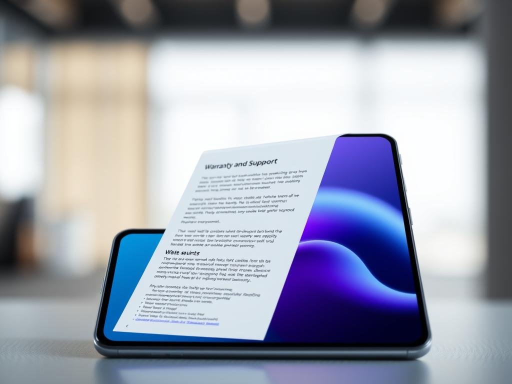 a sleek, modern foldable phone against a blurred background, showcasing a warranty and support documentation display. the phone is captured in a clean, well-lit studio setting, with soft directional lighting highlighting the device's design and features. the warranty and support information is presented in a clear, legible manner, emphasizing the reliability and customer service aspects of owning a foldable phone. the overall composition conveys a sense of professionalism, attention to detail, and the importance of comprehensive aftermarket support for this emerging technology.