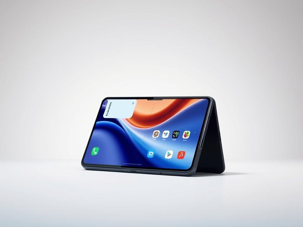 a sleek, modern foldable phone display showcased in a well-lit, minimalist studio setting. the screen showcases a clean, intuitive user interface with seamless multitasking capabilities, smooth transitions, and vibrant colors. the phone is positioned at a slight angle, highlighting its premium build quality and attention to detail. soft, diffused lighting illuminates the scene, creating a sense of depth and highlighting the phone's elegant design. the background is a simple, neutral tone that allows the phone to be the focal point, emphasizing the software experience as the key feature.