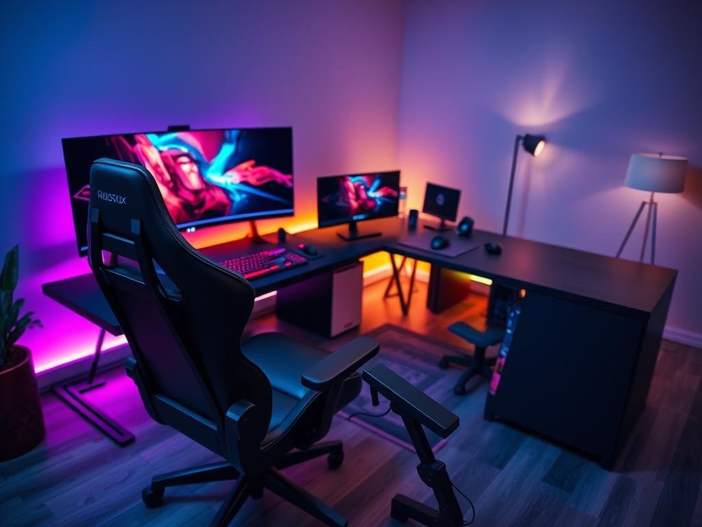 a sleek, modern gaming setup with a large, curved ultrawide monitor, rgb-backlit mechanical keyboard, and high-performance gaming mouse. in the foreground, a sturdy, ergonomic gaming chair with adjustable lumbar support and headrest. in the middle ground, a spacious, l-shaped gaming desk with ample workspace and built-in cable management. the background features mood lighting, possibly from a combination of rgb led strips and a minimalist floor lamp, creating a cozy, immersive atmosphere. the entire scene is captured with a wide-angle lens, highlighting the cohesive, premium design of the "essential gaming furniture."