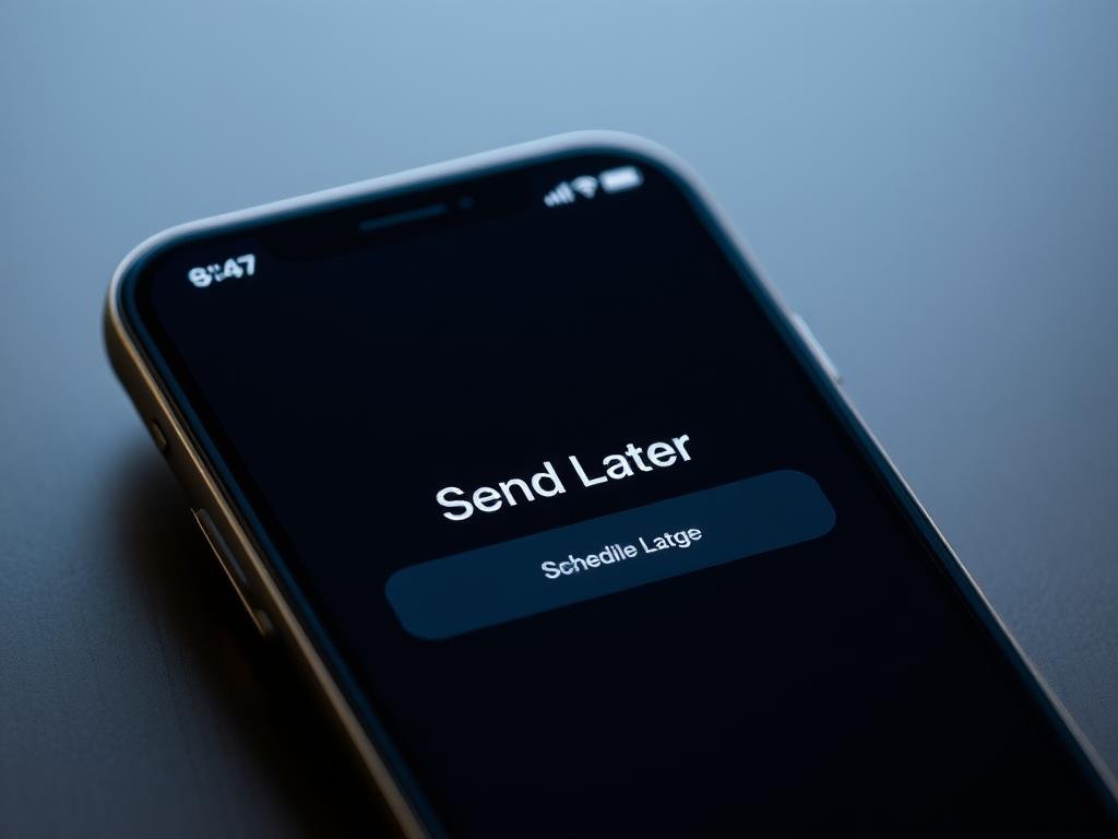 a sleek, modern iphone screen displaying the "send later" feature in the messages app. the screen is illuminated with a warm, natural light, casting a soft glow across the interface. the "send later" button is prominently featured, its design clean and minimalist, inviting the user to schedule their text messages. the background is blurred, keeping the focus on the iphone screen and the "send later" functionality. the overall mood is one of efficiency and control, with the user in command of their message timing.