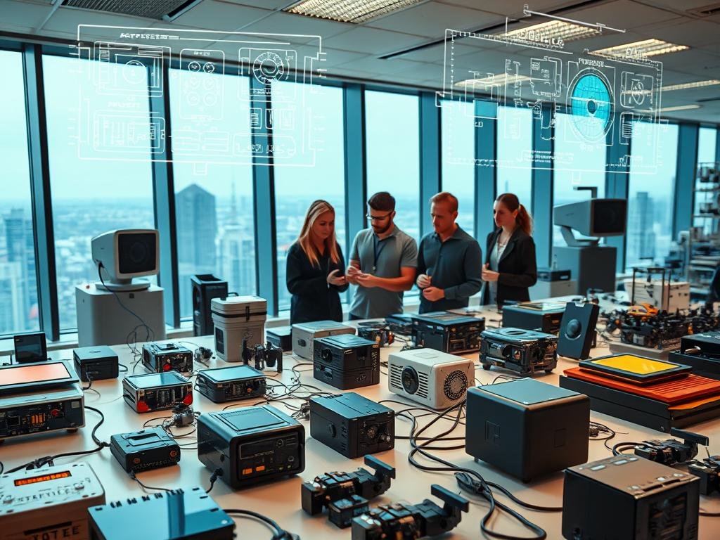 a sleek, modern laboratory filled with the latest geeky inventions. in the foreground, an array of cutting-edge gadgets and devices, each meticulously crafted with precision engineering and a touch of futuristic flair. hovering above them, holographic interfaces display schematics and data, casting a warm, ambient glow across the scene. in the middle ground, a team of tech enthusiasts examines the prototypes, their expressions a mix of fascination and concentration. the background is dominated by large windows, offering a panoramic view of a bustling city skyline, hinting at the endless possibilities these inventions hold. the lighting is a harmonious blend of natural daylight and subtle, task-oriented illumination, creating a sense of balance and sophistication. this image captures the essence of the latest geeky gadgets, inviting the viewer to imagine the transformative potential of these cutting-edge technologies.
