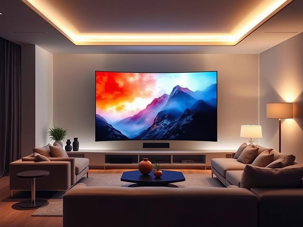 a sleek, modern living room with a large, curved smart tv screen taking center stage. the display showcases vibrant, lifelike visuals, immersing the viewer in a cinematic viewing experience. soft, indirect lighting creates a warm, inviting atmosphere, while the minimalist furniture and decor elements subtly complement the technological focal point. the room's layout is designed to optimize sight lines and audio quality, ensuring a seamless, high-quality smart tv experience. the overall scene conveys a sense of innovation, sophistication, and the future of home entertainment.