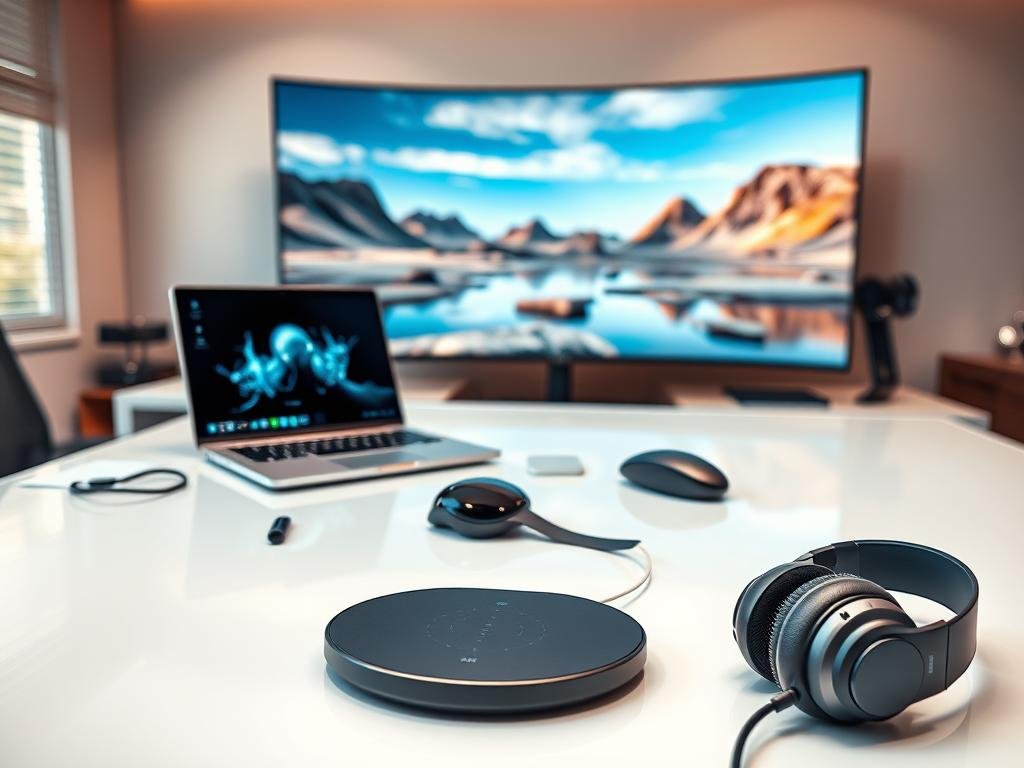 A sleek, modern office space showcasing the latest tech gadgets for the discerning tech enthusiast. In the foreground, a high-end gaming laptop, a virtual reality headset, and a state-of-the-art wireless charging pad are neatly arranged on a minimalist glass desk, bathed in warm, diffused lighting. In the middle ground, a futuristic-looking smartwatch and a cutting-edge noise-cancelling headphone set rest on a clean, white surface. The background features a large, curved monitor displaying a visually stunning AI-generated landscape, hinting at the incredible capabilities of the latest technology. The overall scene exudes a sense of sophistication, innovation, and a passion for the latest advancements in the world of tech.