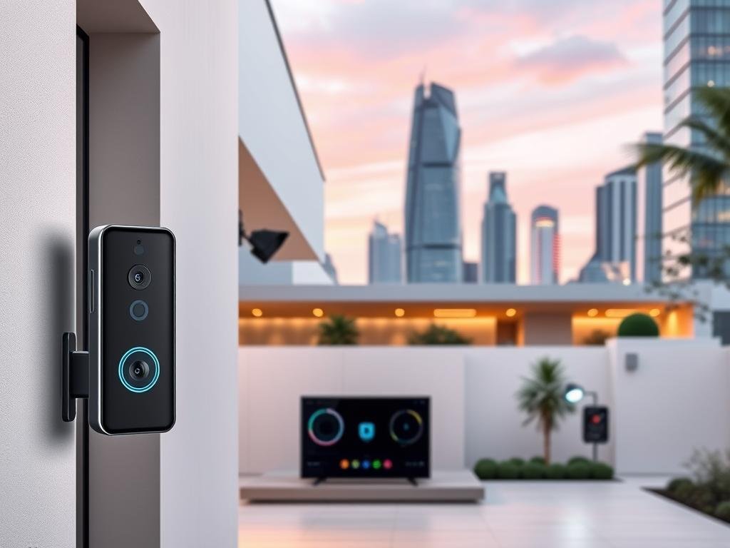 A sleek, modern smart home in the year 2025, showcasing the latest advancements in security technology. In the foreground, a state-of-the-art doorbell camera with facial recognition and motion sensors blends seamlessly into the minimalist facade. Behind it, a high-definition security camera with advanced night vision and object tracking surveys the property from a discreet corner. In the middle ground, a smart home hub with voice control and IoT integration connects all the security devices, allowing remote monitoring and automated responses. In the background, a futuristic skyline with towering smart buildings and autonomous vehicles sets the scene for the cutting-edge smart home of the future.