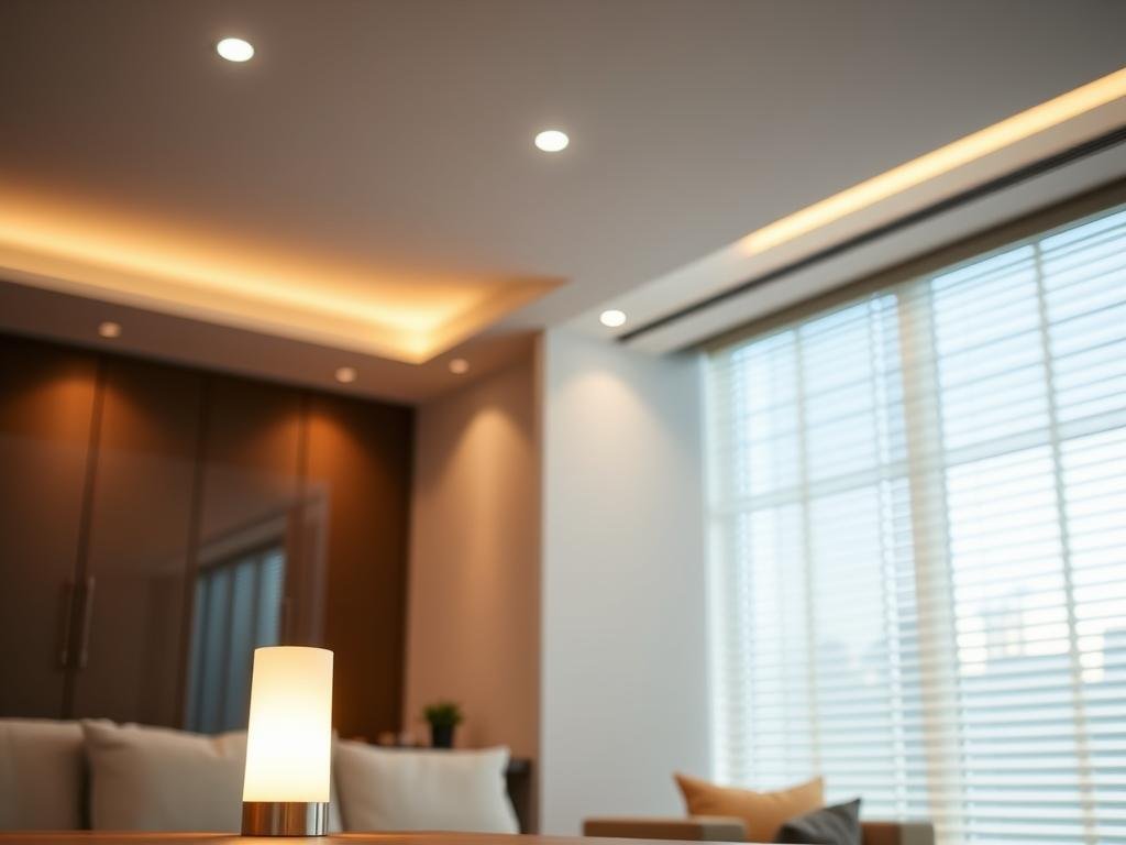 a sleek, modern smart home interior with intelligent lighting solutions. in the foreground, a minimalist table lamp emits a warm, ambient glow, controlled by a seamless voice or app interface. in the middle ground, recessed ceiling lights gradually brighten, responding to motion sensors and natural light levels. the background showcases a large window with automated blinds, gently diffusing daylight into the space. the overall atmosphere is one of effortless automation, creating a harmonious, energy-efficient living environment. captured with a wide-angle lens to emphasize the clean, uncluttered design aesthetic.
