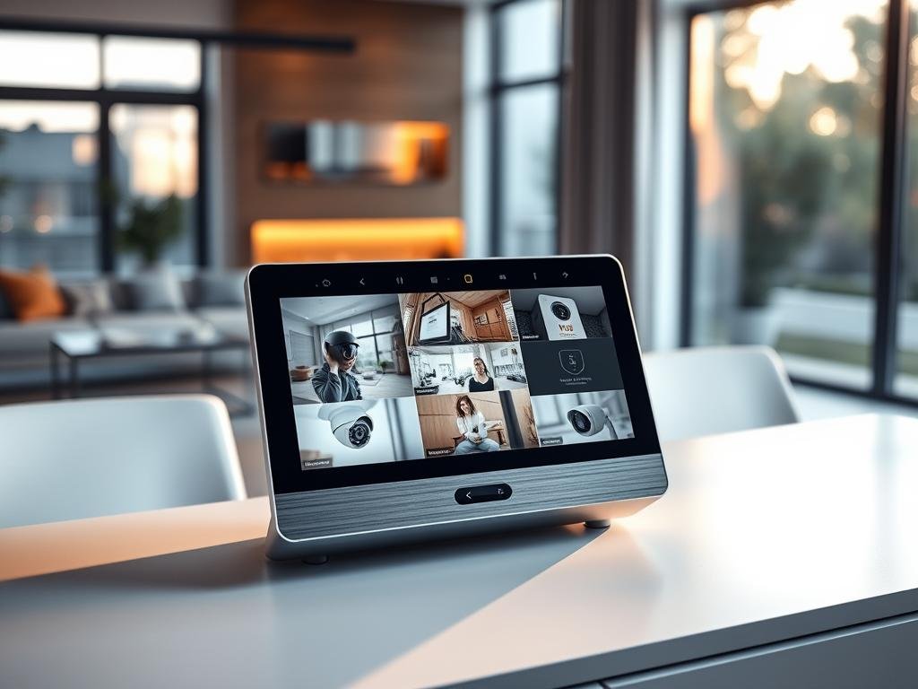 A sleek, modern smart home security hub stands prominently on a minimalist desk, bathed in warm, diffused lighting. The device's clean, angular design features a large, high-resolution display that shows a live feed from various security cameras around the home. Subtle LED indicators provide at-a-glance status updates on the system's state. Brushed metal accents and a floating, holographic control interface convey a sense of advanced, futuristic technology. The hub is positioned against a backdrop of a stylish, open-concept living space, with large windows allowing natural light to filter in, creating a calming, connected atmosphere.