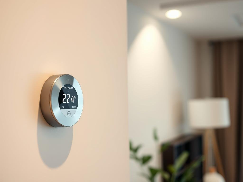 A sleek, modern smart thermostat mounted on a pristine white wall, its crisp digital display showing precise temperature readings and energy-saving controls. The device has a minimalist, streamlined design with clean lines and a subtle chrome or brushed metal accent. Soft, diffused lighting from above illuminates the thermostat, creating a warm, welcoming atmosphere in the cozy, well-appointed home interior. The thermostat is the central hub of a sophisticated smart home system, seamlessly integrating with other connected devices to optimize energy efficiency and comfort.