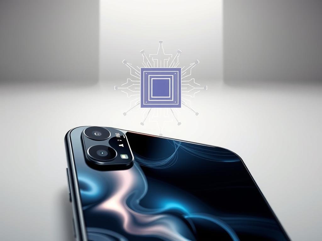 A sleek, modern smartphone with a focus on its camera and AI-powered features. In the foreground, the device's screen displays a dynamic, abstract pattern, hinting at the generative capabilities within. The camera module is prominently featured, its lens capturing the interplay of light and shadow. In the middle ground, a stylized, geometric representation of a neural processing unit (NPU) or specialized AI chip pulses with digital energy, powering the on-device generative functions. The background is a minimalist, high-tech environment, with subtle gradients and geometric shapes suggesting the advanced technological ecosystem that enables these innovative smartphone features.
