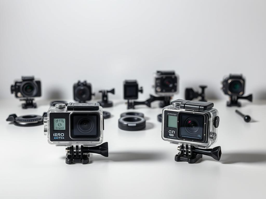 A sleek, modern tabletop arrangement showcasing a side-by-side comparison of premium waterproof action cameras. In the foreground, two cameras sit atop a smooth, minimalist surface, their rugged, contoured bodies highlighted by dramatic studio lighting. The middle ground features various camera accessories and mounts, hinting at the versatility of these devices. In the background, a crisp, white backdrop creates a clean, professional setting, allowing the cameras to take center stage. The overall mood is one of technological sophistication and high-quality performance, perfectly suited for an in-depth review of the latest waterproof action camera options.