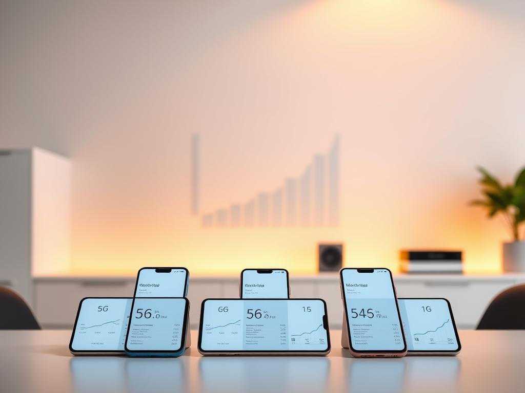 a sleek, modern workspace with a clean, minimalist aesthetic. in the foreground, a table showcases three 5g smartphones arranged side-by-side, their displays illuminated with performance metrics and technical specifications. the phones are depicted with precision, capturing the subtle curves and high-quality materials. the middle ground features a stylized graph or chart, visually comparing the key performance indicators of the three devices, such as processor speed, battery life, and camera capabilities. the background is softly blurred, allowing the focus to remain on the phones and the comparative data. warm, indirect lighting casts a subtle glow, creating a professional, research-oriented atmosphere.