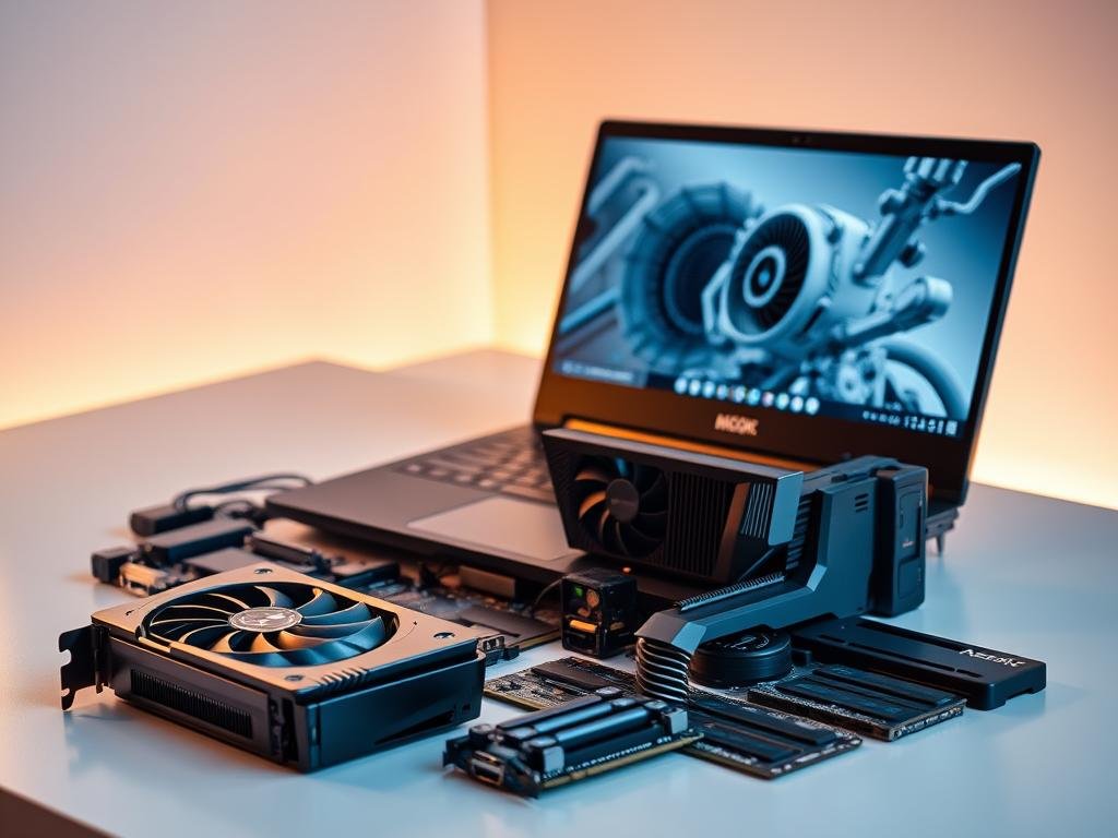 A sleek, powerful gaming laptop sits on a minimalist desk, surrounded by an array of upgrade components. The laptop's screen displays intricate 3D models, while a high-end graphics card and cooling system are prominently featured in the foreground. In the middle ground, a selection of RAM modules, solid-state drives, and other hardware upgrades are neatly arranged, hinting at the potential performance enhancements. The background is softly blurred, allowing the key upgrade elements to take center stage, bathed in a warm, inviting light that emphasizes the high-tech aesthetic. The overall scene conveys a sense of anticipation and excitement, reflecting the versatility of this gaming laptop as it undergoes a transformative upgrade.